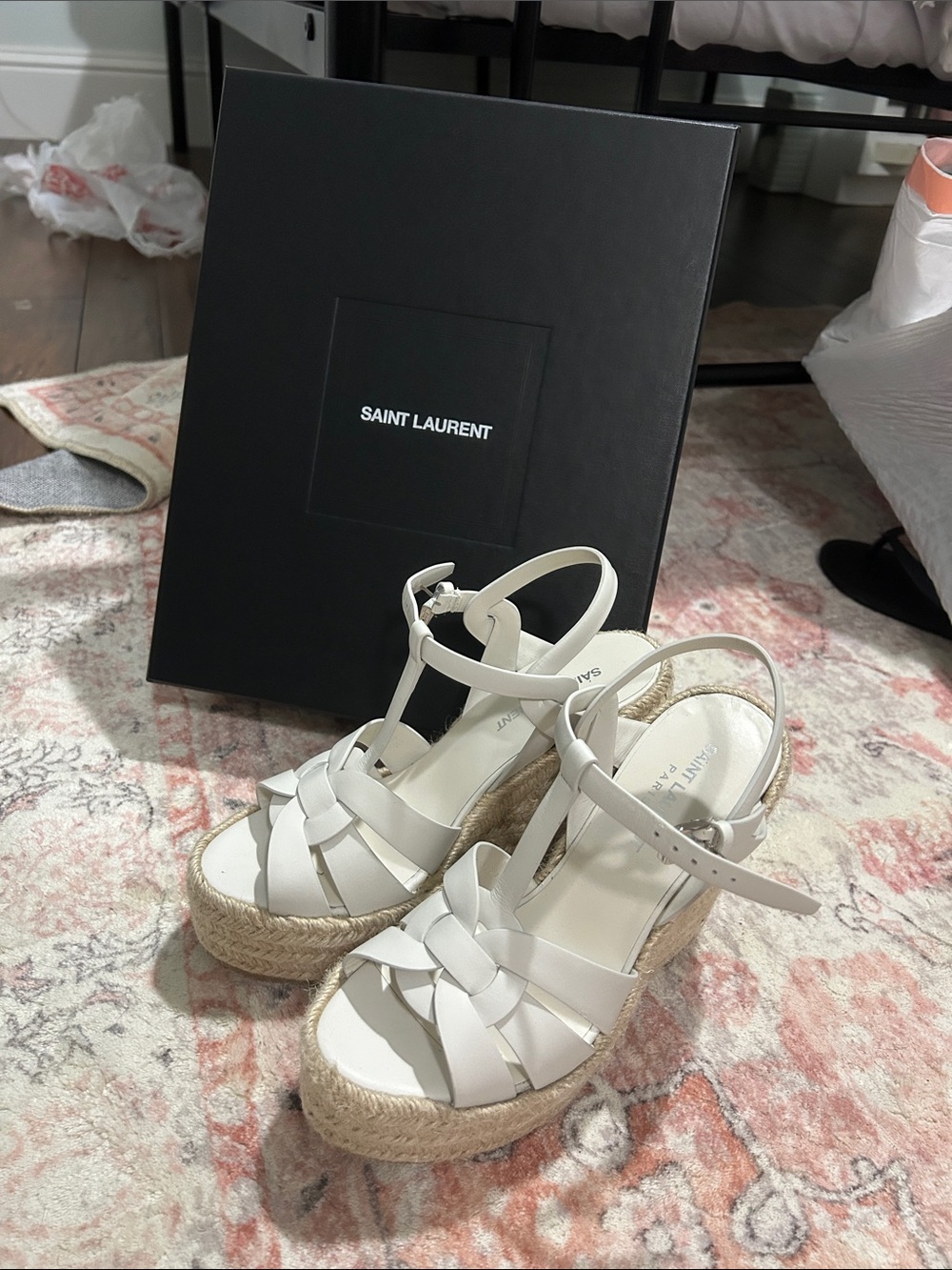 Saint Laurent White Braided Leather Espadrille Wedge Sandals